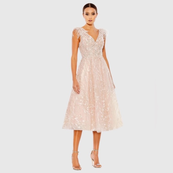 Mac Duggal 20275 Embroidered Sleeveless Feather Detail Midi Dress - Pink 4 NWT